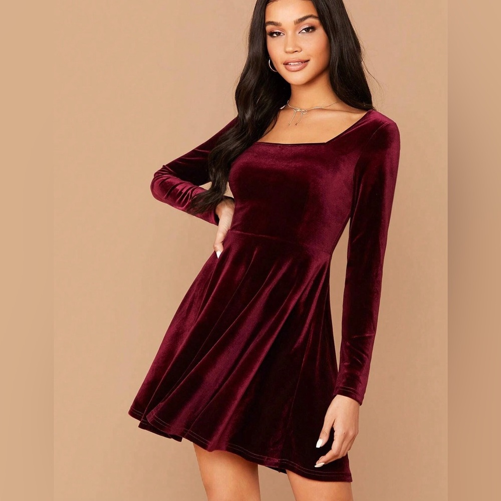 Maroon dark red velvet mini dress long sleeve holiday fall